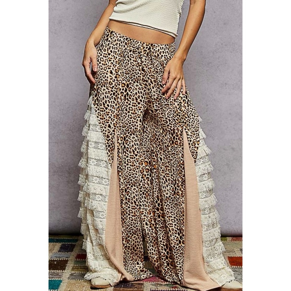 POL Leopard Lace Patchwork Wide Leg Pants | Boho Mixed Fabric Palazzo